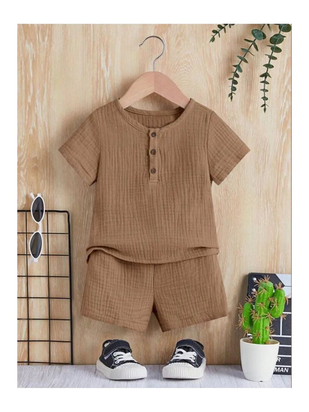 Kahverengi Unisex Alt Üst Bebek Çocuk Pamuklu Düğmeli Organik Müslin Bebek Takım