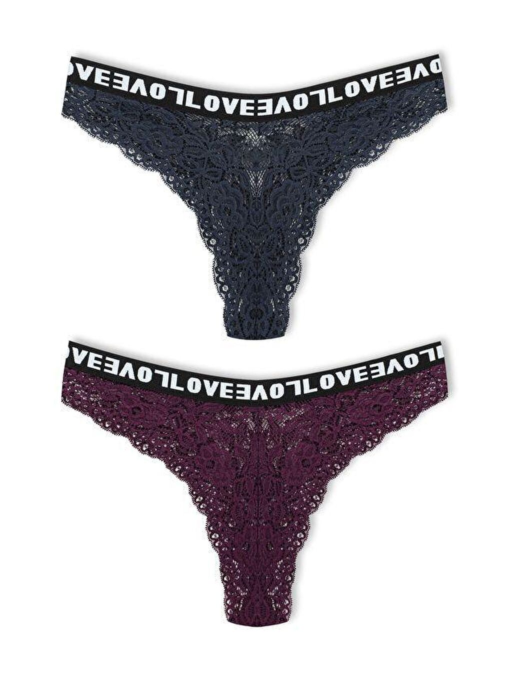 Lacivert Brezilya Kesim Dantelli LOVE Lastik Yüksek Bel Kadın Külot 2'li