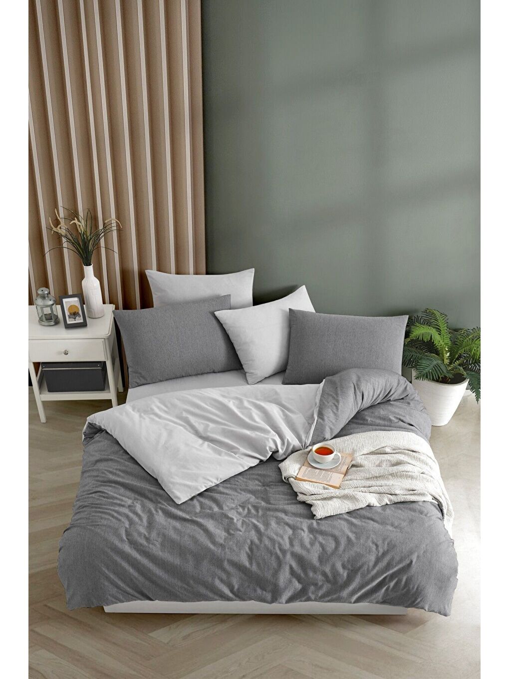 İpliği Boyalı Çift Taraflı Antrasit Çarşafı Lastikli Çift Kişilik Nevresim Takımı-1