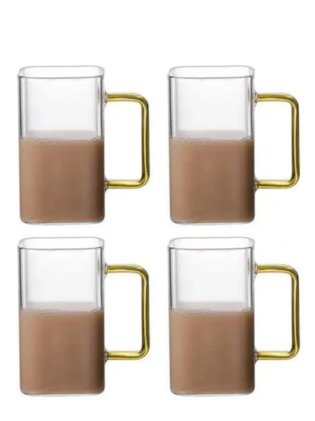 Yeni Stil Sarı Renkli Borosilikat Cam Kare Kahve Kulplu Kupa 200 ml 4 Adet