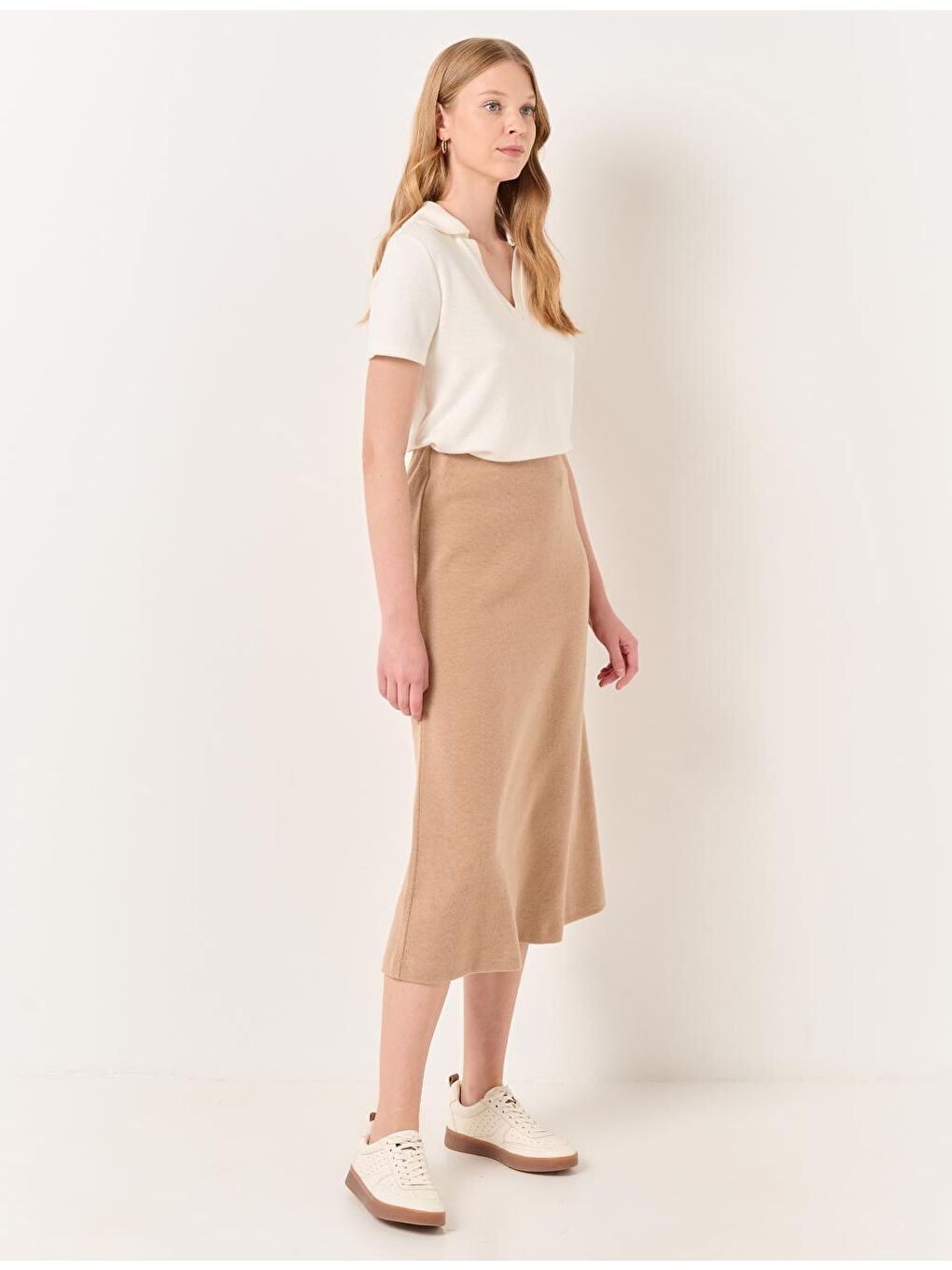 Bej Yüksek Bel Yumuşak Dokulu Midi Etek-3