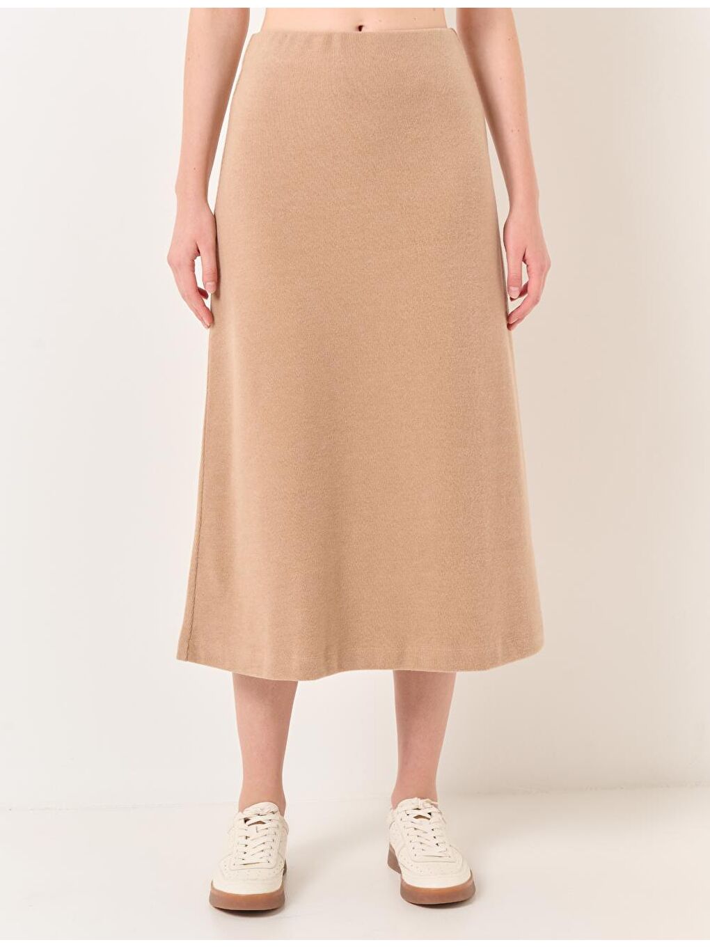 Bej Yüksek Bel Yumuşak Dokulu Midi Etek-4