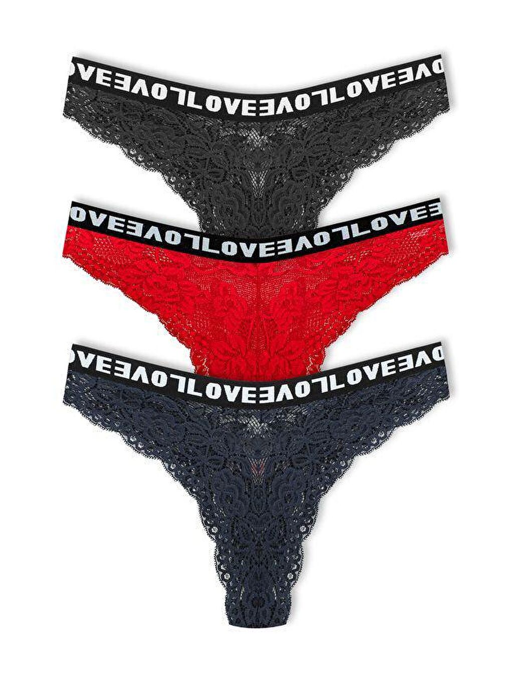 Kırmızı Brezilya Kesim Dantelli LOVE Lastik Yüksek Bel Kadın Külot 3'lü