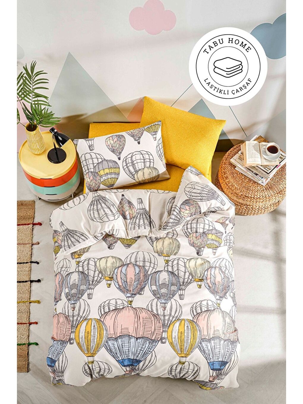 Sarı Çarşafı Lastikli Kapadokya Balon Çift Kişilik Nevresim Takımı