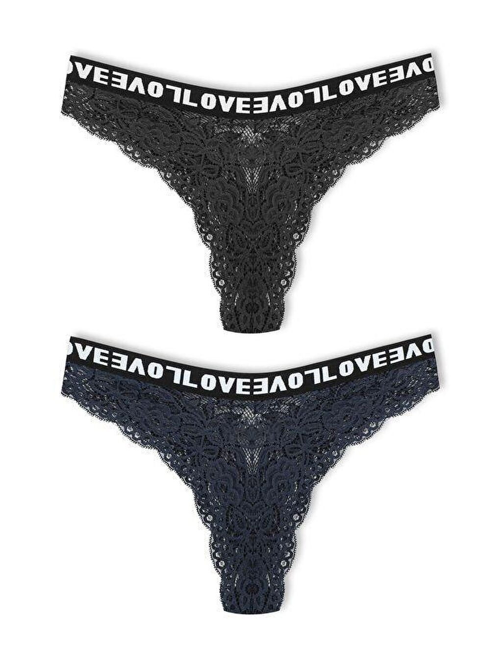 Siyah Brezilya Kesim Dantelli LOVE Lastik Yüksek Bel Kadın Külot 2'li