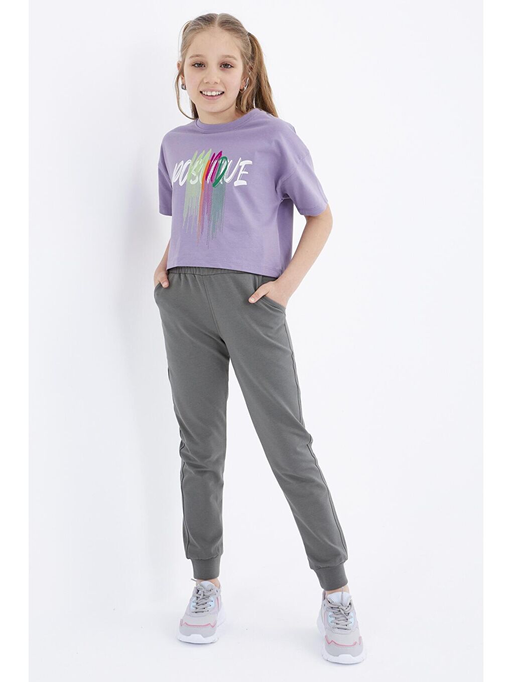 Yeşil Çağla Bağcıklı Standart Kalıp Manşetli Kız Çocuk Eşofman Alt  - 75049-4