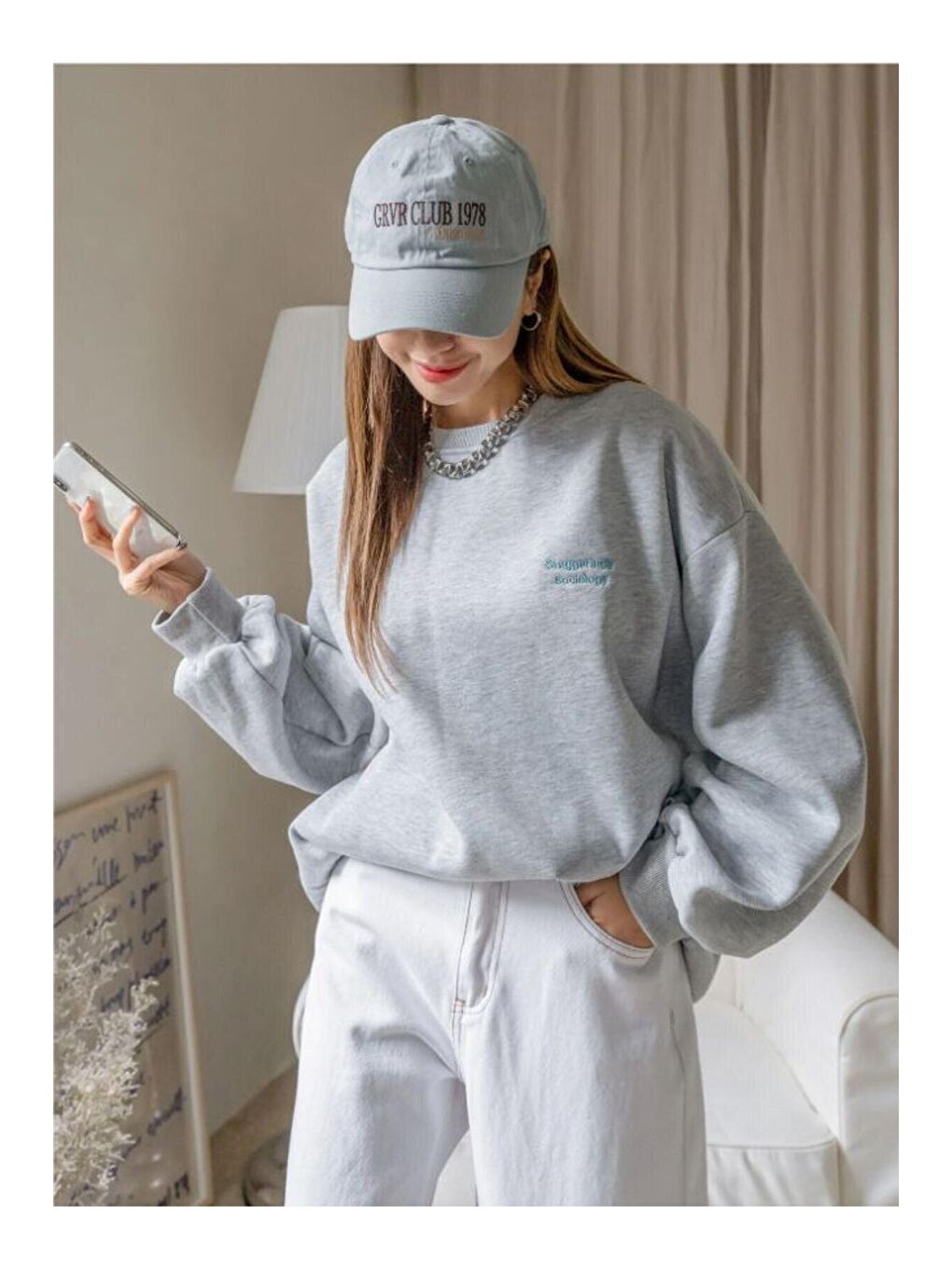 Trendseninle Gri Kadın GRİ Staggertly Baskılı Bisiklet Yaka Sweatshirt