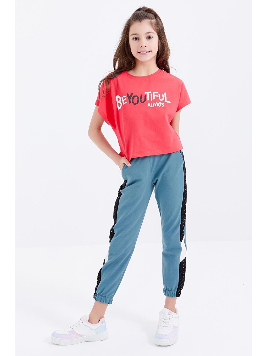 Mint Yeşili Noktalı Şerit Detaylı Lastik Paça Kız Çocuk Eşofman Alt - 75053-2