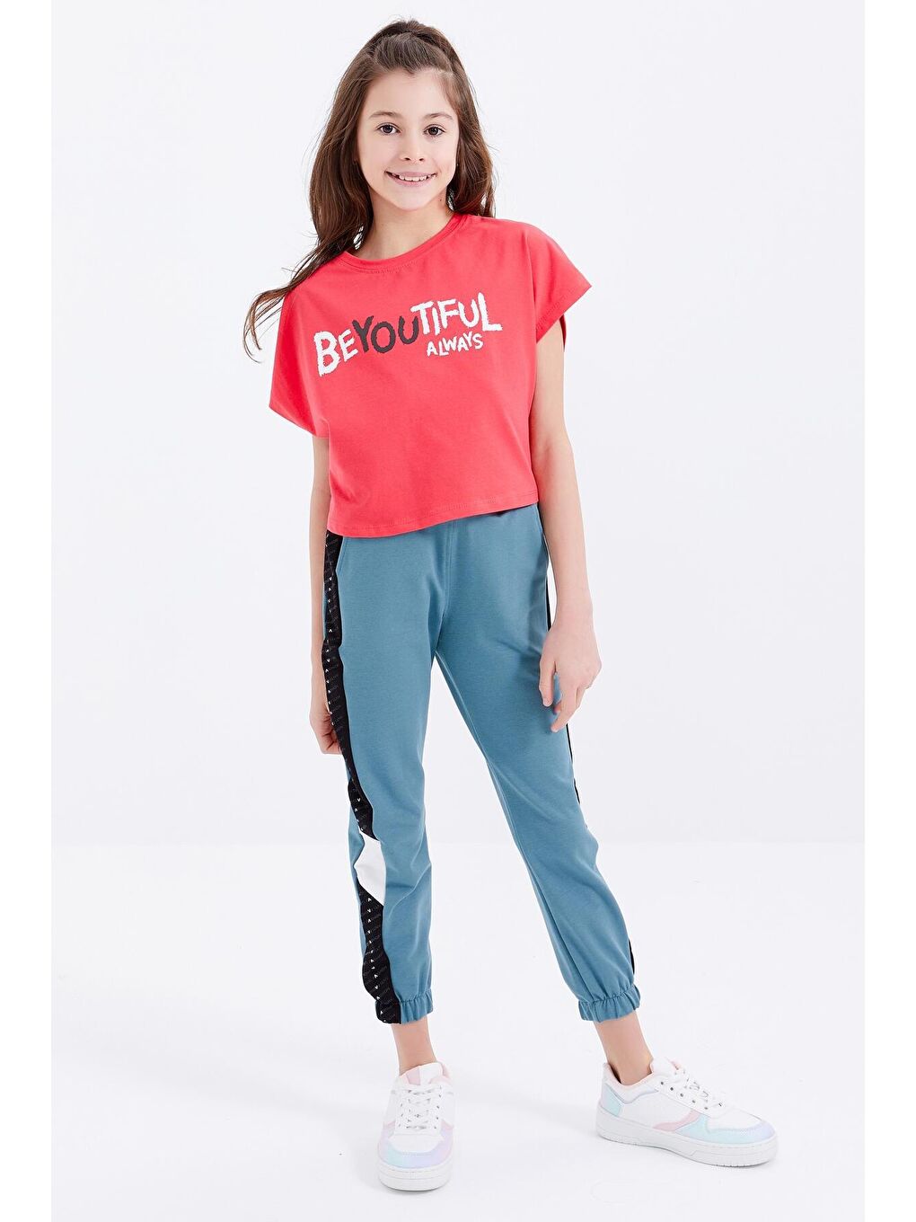 Mint Yeşili Noktalı Şerit Detaylı Lastik Paça Kız Çocuk Eşofman Alt - 75053-4