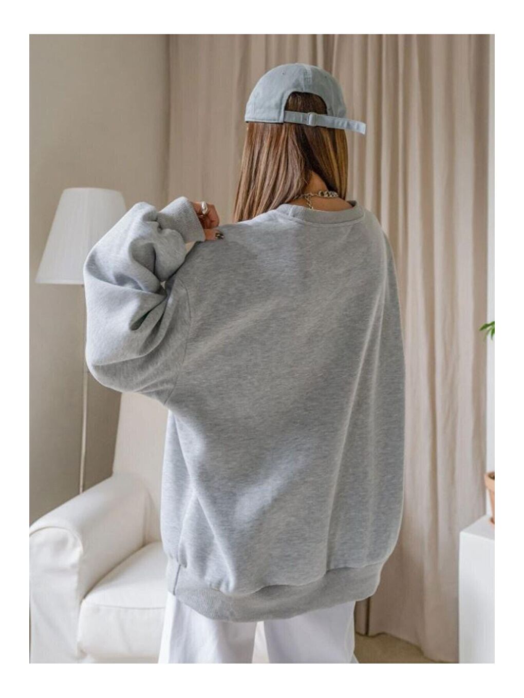 Trendseninle Gri Kadın GRİ Staggertly Baskılı Bisiklet Yaka Sweatshirt - 1