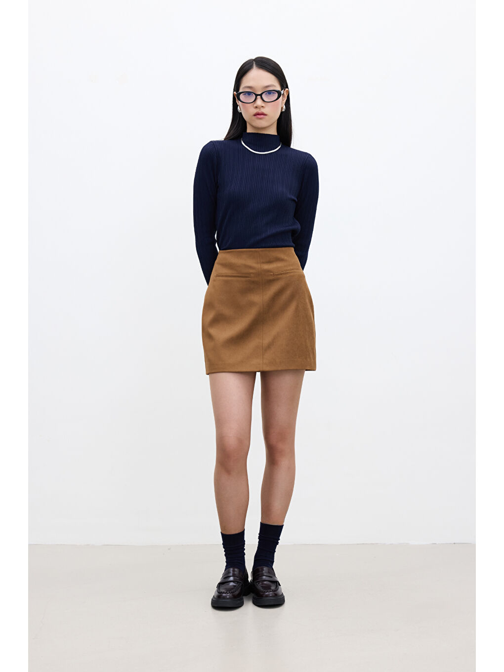 Kahverengi Suni Deri Mini Etek Camel-1