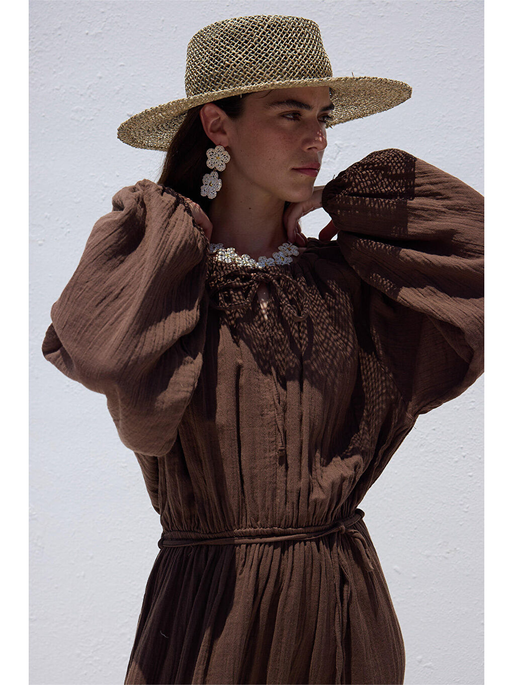 Bağlama Detaylı Muslin Elbise Kahverengi-3