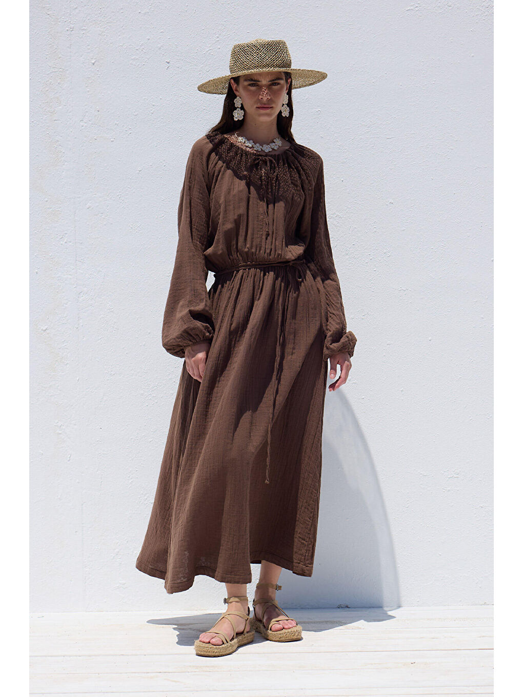 Bağlama Detaylı Muslin Elbise Kahverengi-5