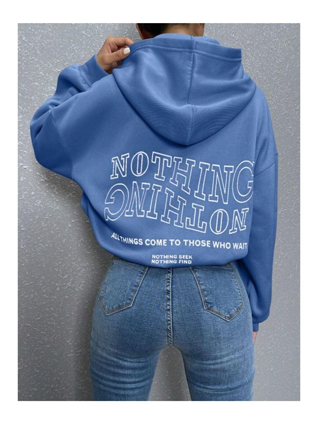 Trendseninle Mavi Kadın MAVİ Ters Düz Nothing Baskılı Oversize Sweatshirt