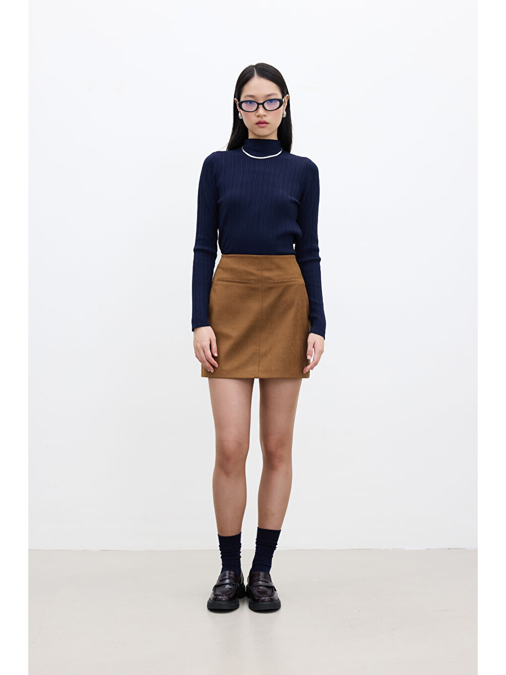 Kahverengi Suni Deri Mini Etek Camel-3