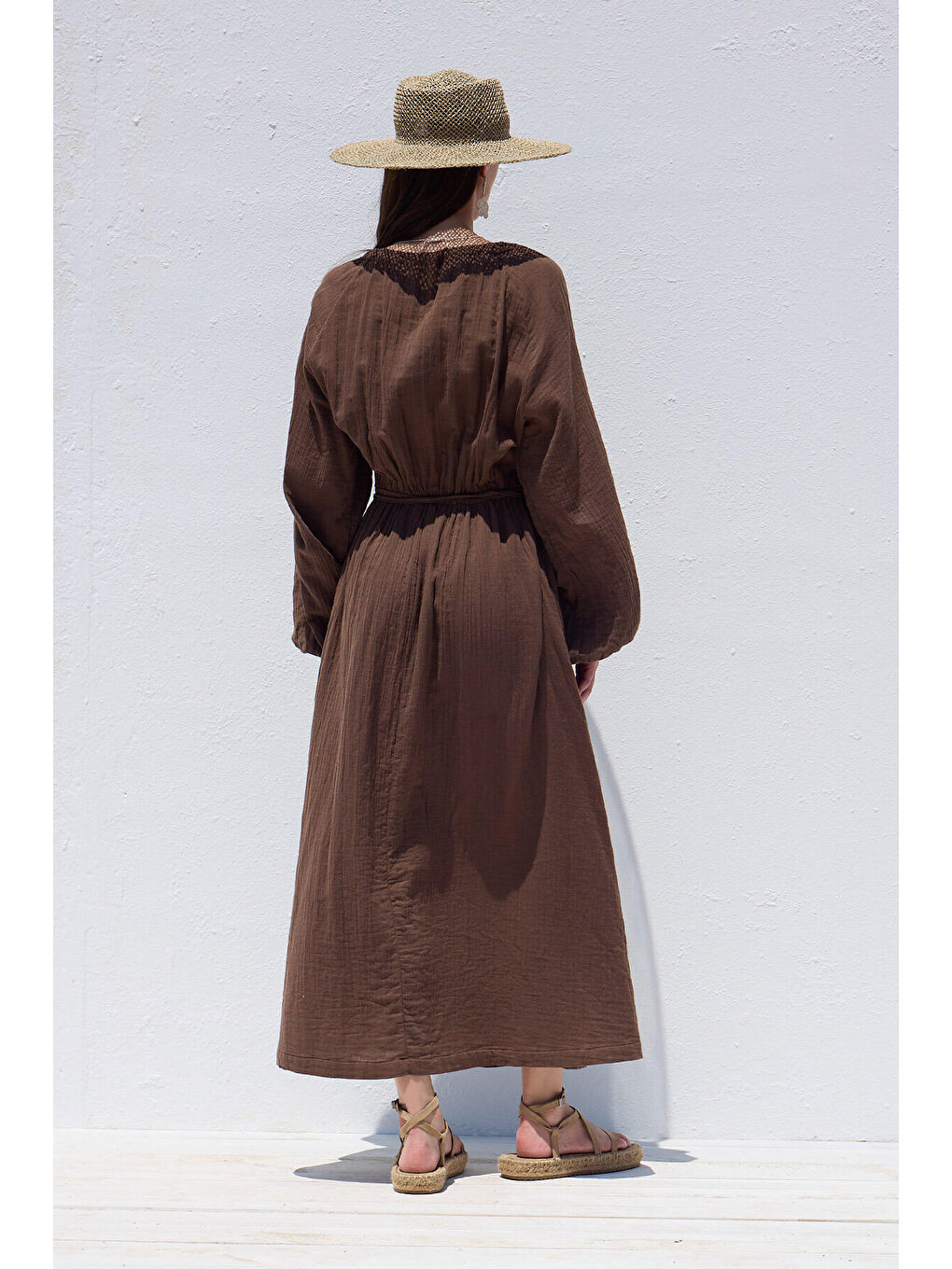 Bağlama Detaylı Muslin Elbise Kahverengi-7