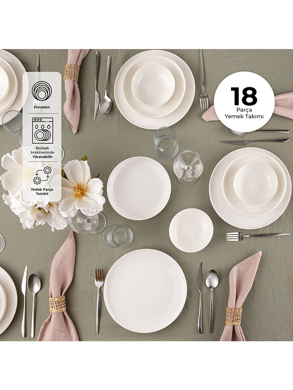 Beyaz Sade 18 Parça 6 Kişilik Yemek Takımı-3