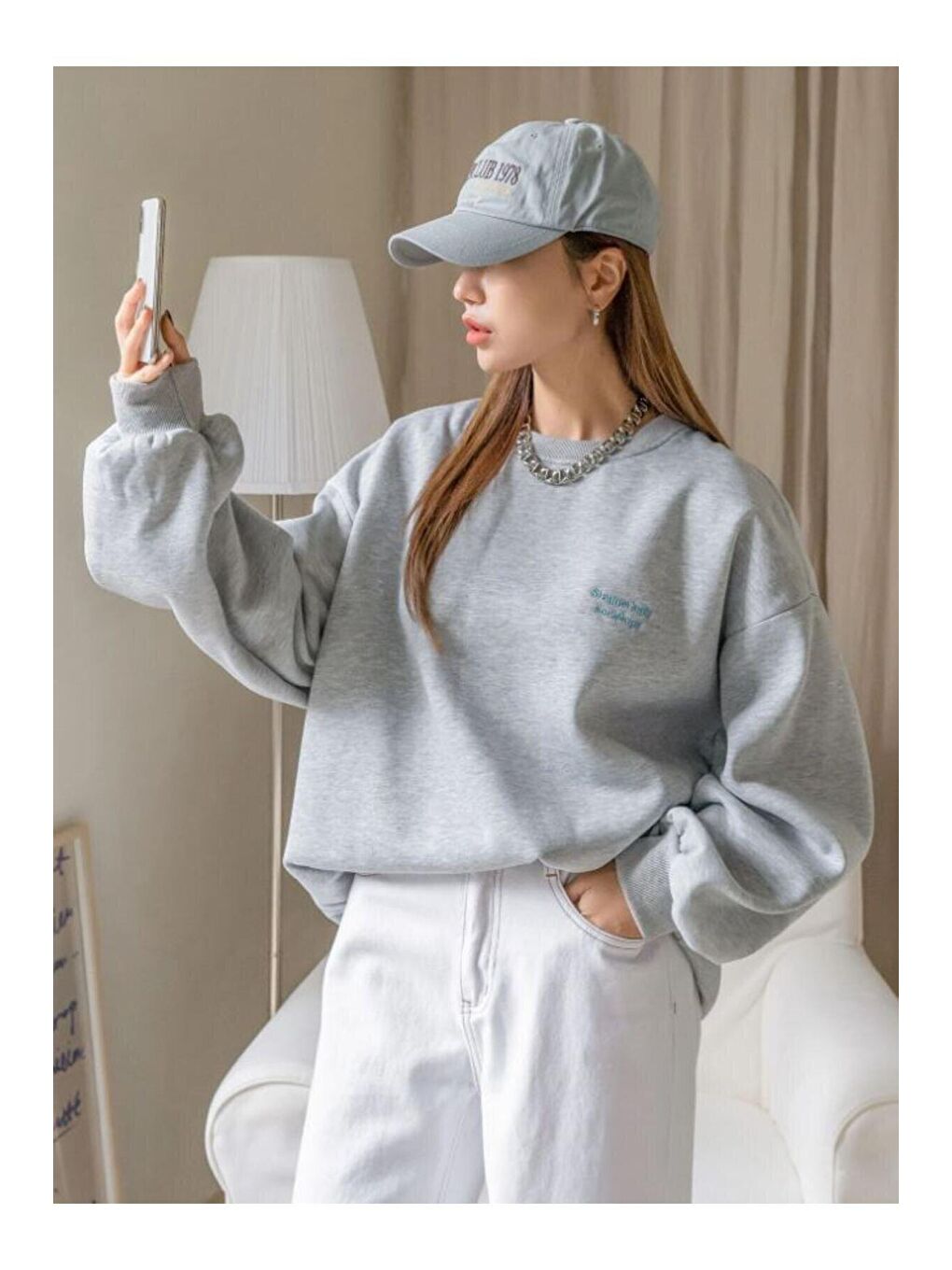 Trendseninle Gri Kadın GRİ Staggertly Baskılı Bisiklet Yaka Sweatshirt - 4