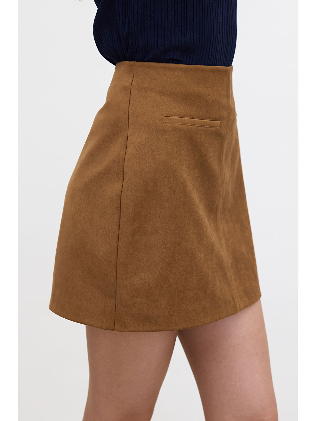 Kahverengi Suni Deri Mini Etek Camel-4