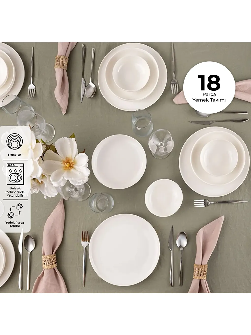 Beyaz Sade 18 Parça 6 Kişilik Yemek Takımı-4