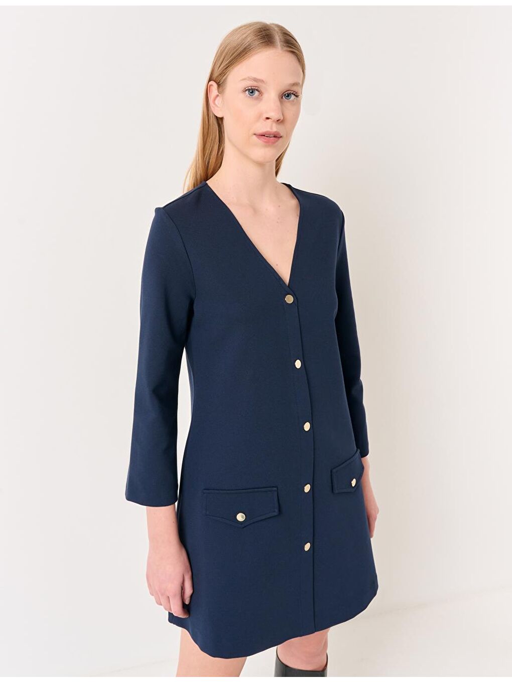 Lacivert V Yaka Uzun Kollu Düğmeli Mini Elbise