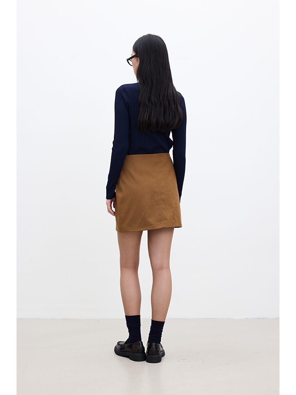 Kahverengi Suni Deri Mini Etek Camel-5