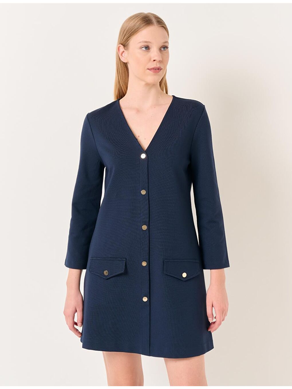 Lacivert V Yaka Uzun Kollu Düğmeli Mini Elbise-3