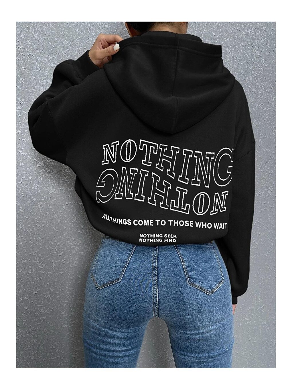 Trendseninle Siyah Kadın SİYAH Ters Düz Nothing Baskılı Oversize Sweatshirt