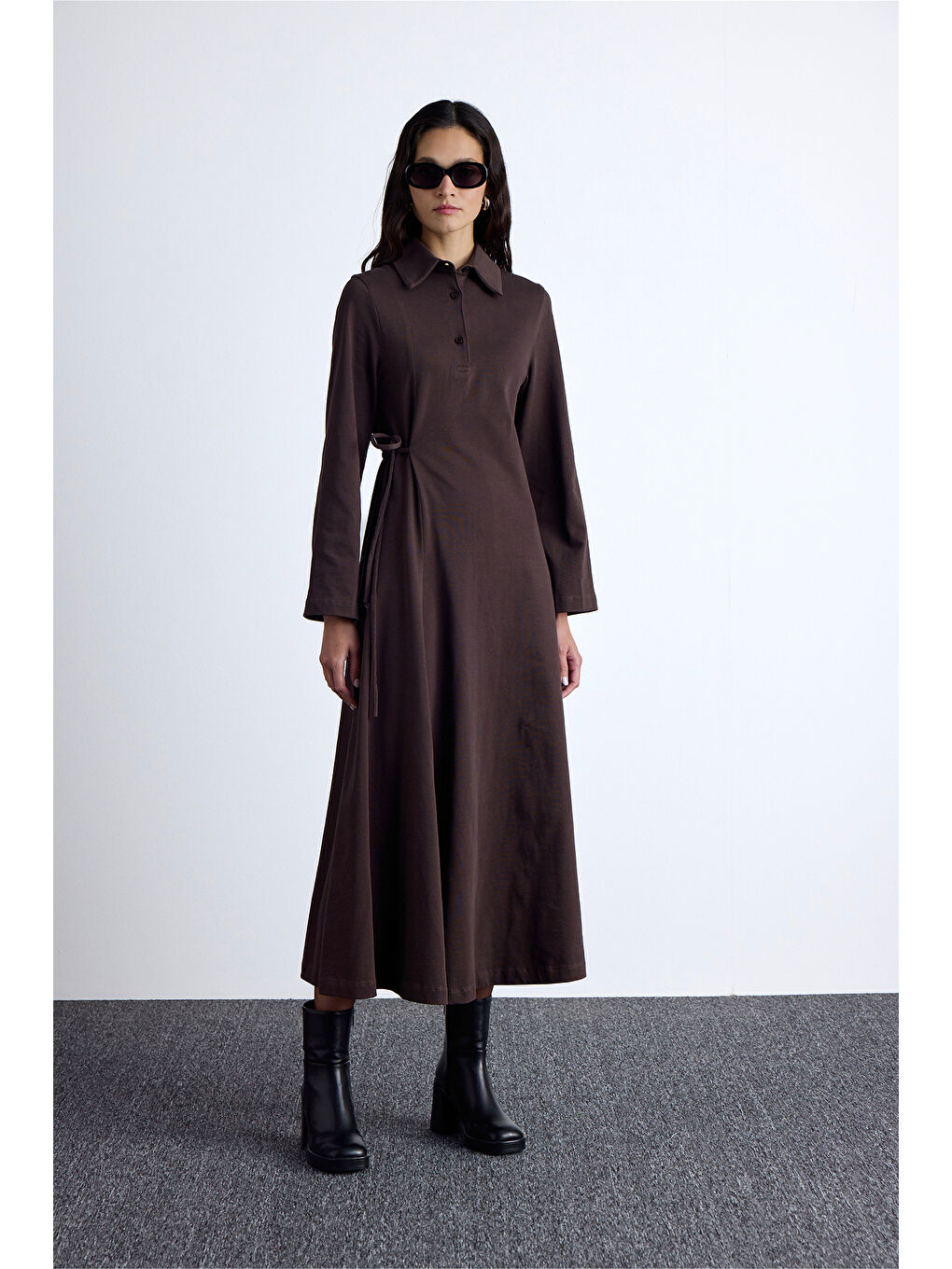 Premıum Örme Yakalı Elbise Kahverengi