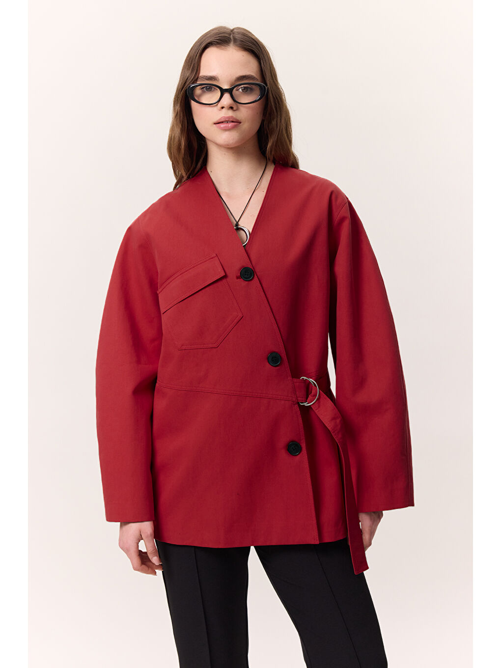 Toka Detaylı Kruvaze Tasarım Ceket Kırmızı-4