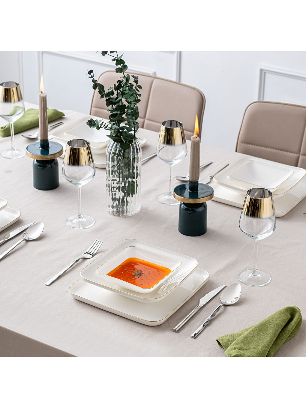 Beyaz Nadide 18 Parça 6 Kişilik Kare Yemek Takımı Gold-2