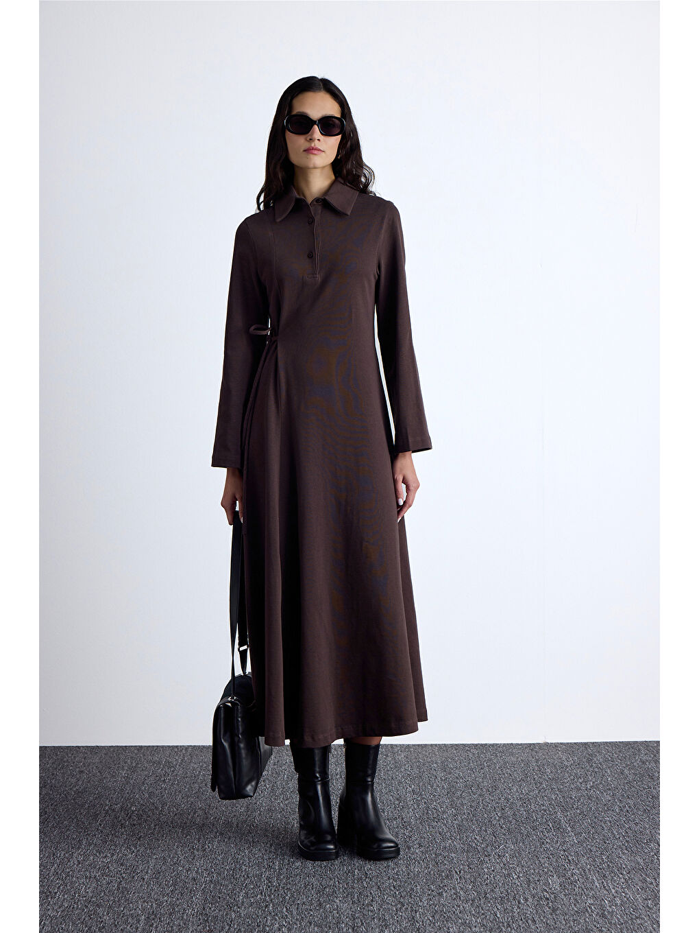 Premıum Örme Yakalı Elbise Kahverengi-2