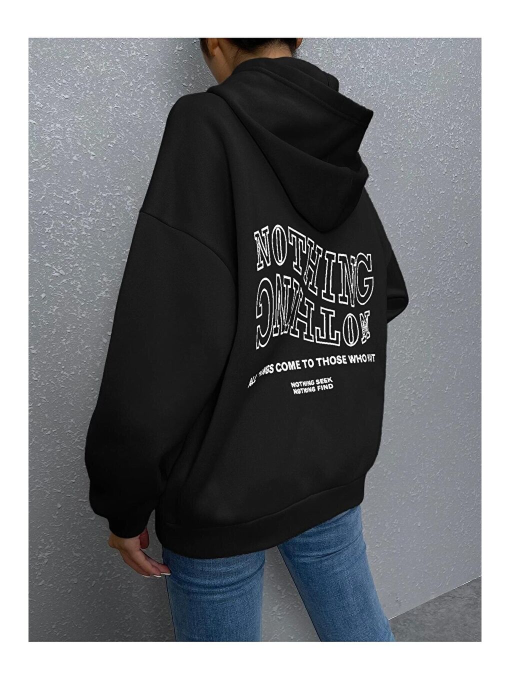 Trendseninle Siyah Kadın SİYAH Ters Düz Nothing Baskılı Oversize Sweatshirt - 2