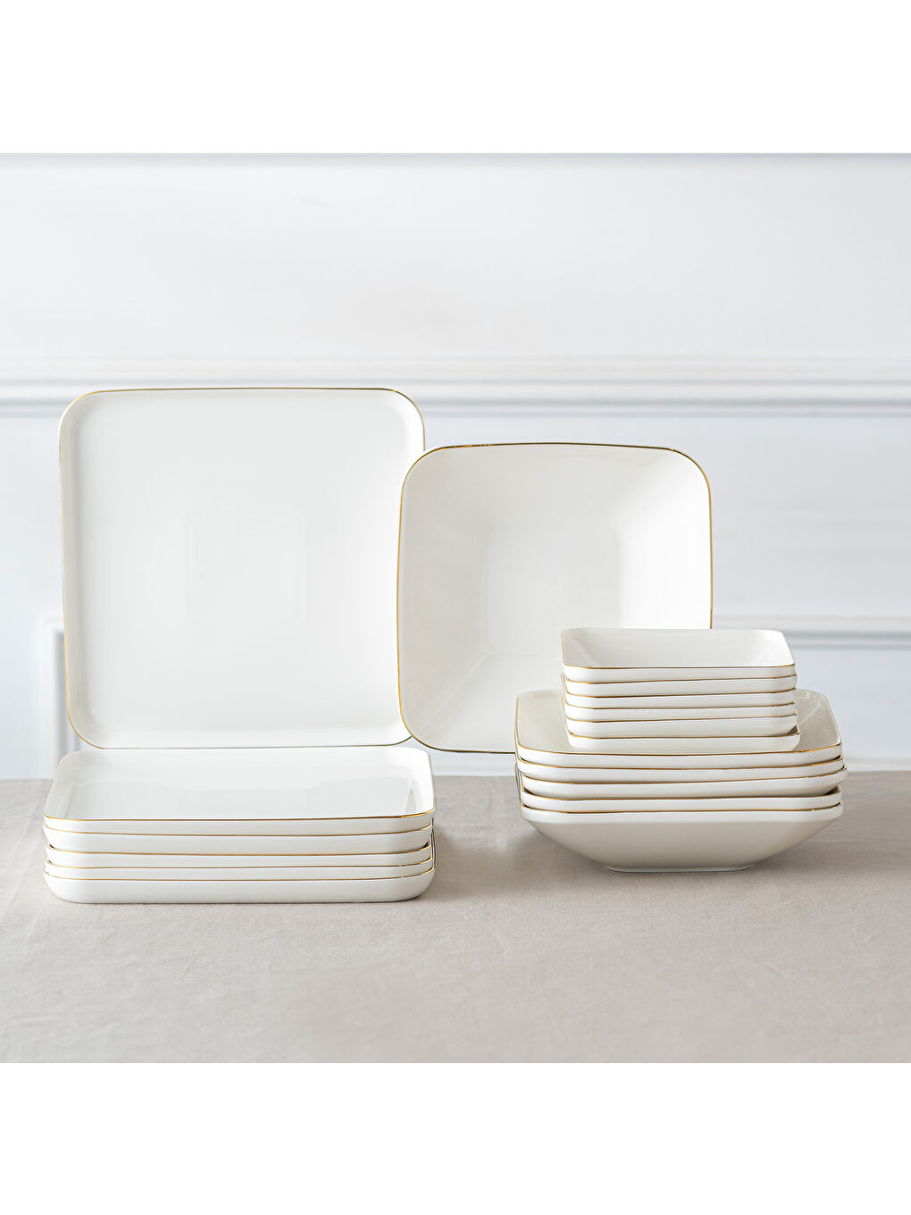 Beyaz Nadide 18 Parça 6 Kişilik Kare Yemek Takımı Gold-3