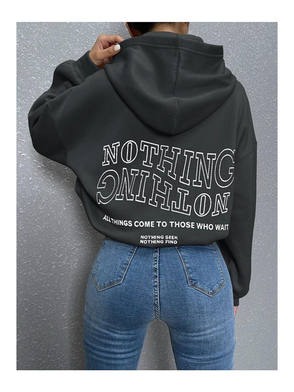 Trendseninle Gri Kadın GRİ Ters Düz Nothing Baskılı Oversize Sweatshirt