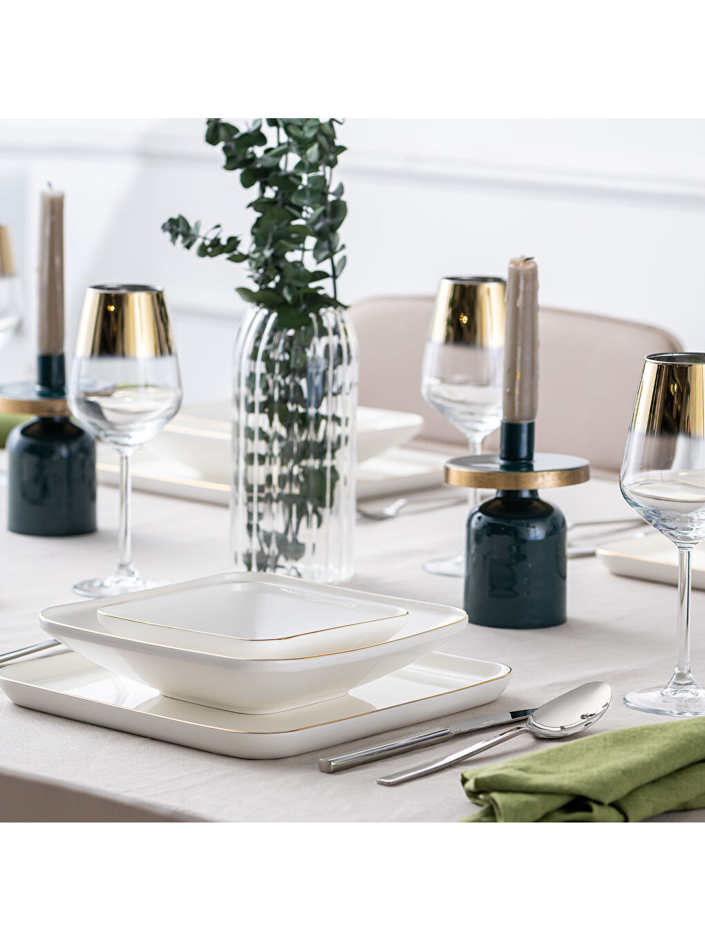 Beyaz Nadide 18 Parça 6 Kişilik Kare Yemek Takımı Gold-4