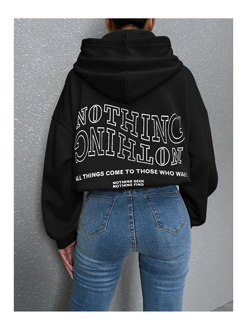 Trendseninle Siyah Kadın SİYAH Ters Düz Nothing Baskılı Oversize Sweatshirt - 3