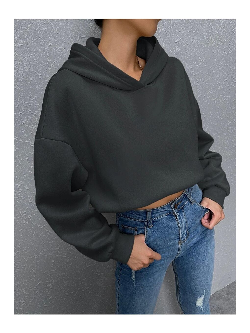 Trendseninle Gri Kadın GRİ Ters Düz Nothing Baskılı Oversize Sweatshirt - 1