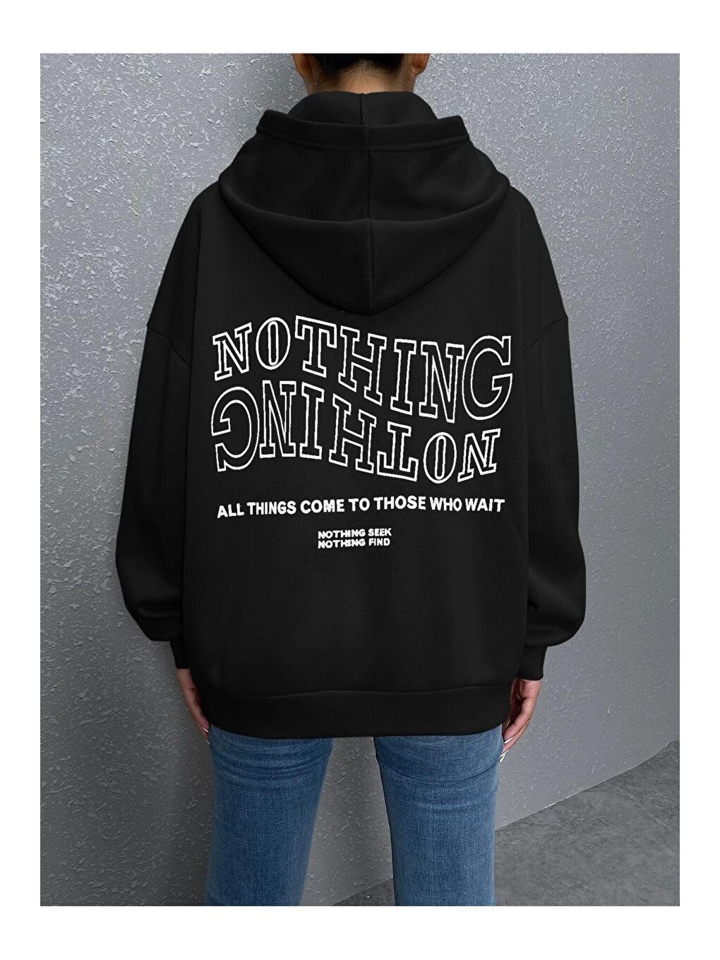 Trendseninle Siyah Kadın SİYAH Ters Düz Nothing Baskılı Oversize Sweatshirt - 4