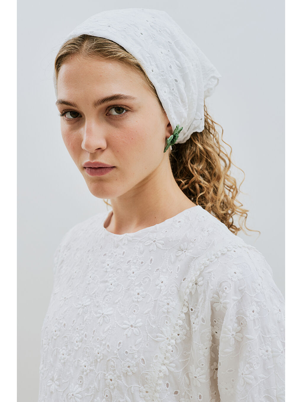 Nakışlı Geniş Kollu Elbise Ekru-5