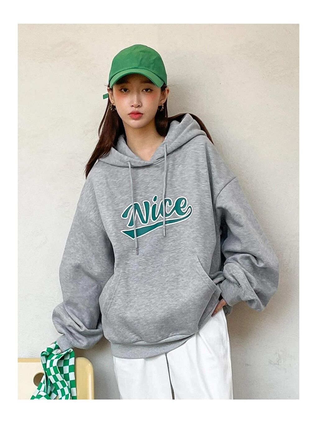 Trendseninle Gri Kadın GRİ Oversize Nice Baskılı Sweatshirt