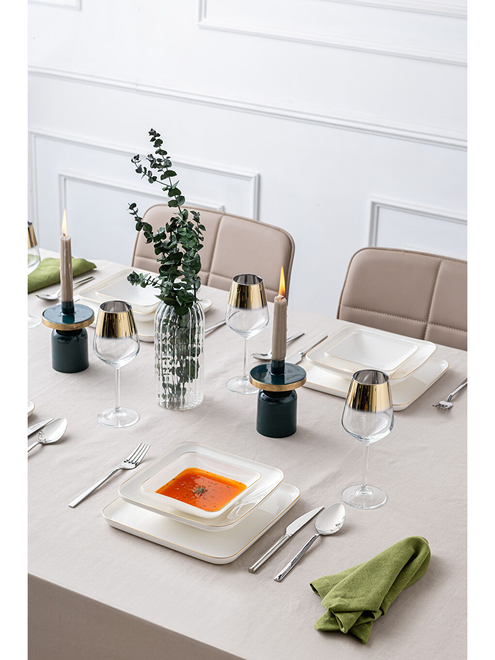 Beyaz Nadide 18 Parça 6 Kişilik Kare Yemek Takımı Gold-1