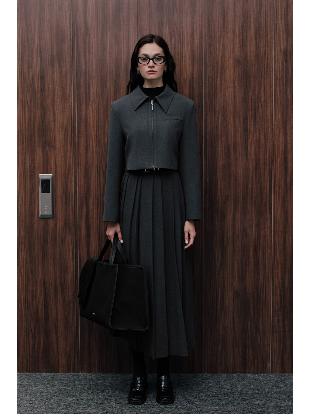 Klasik Kesim Crop Blazer Ceket Antrasit-1