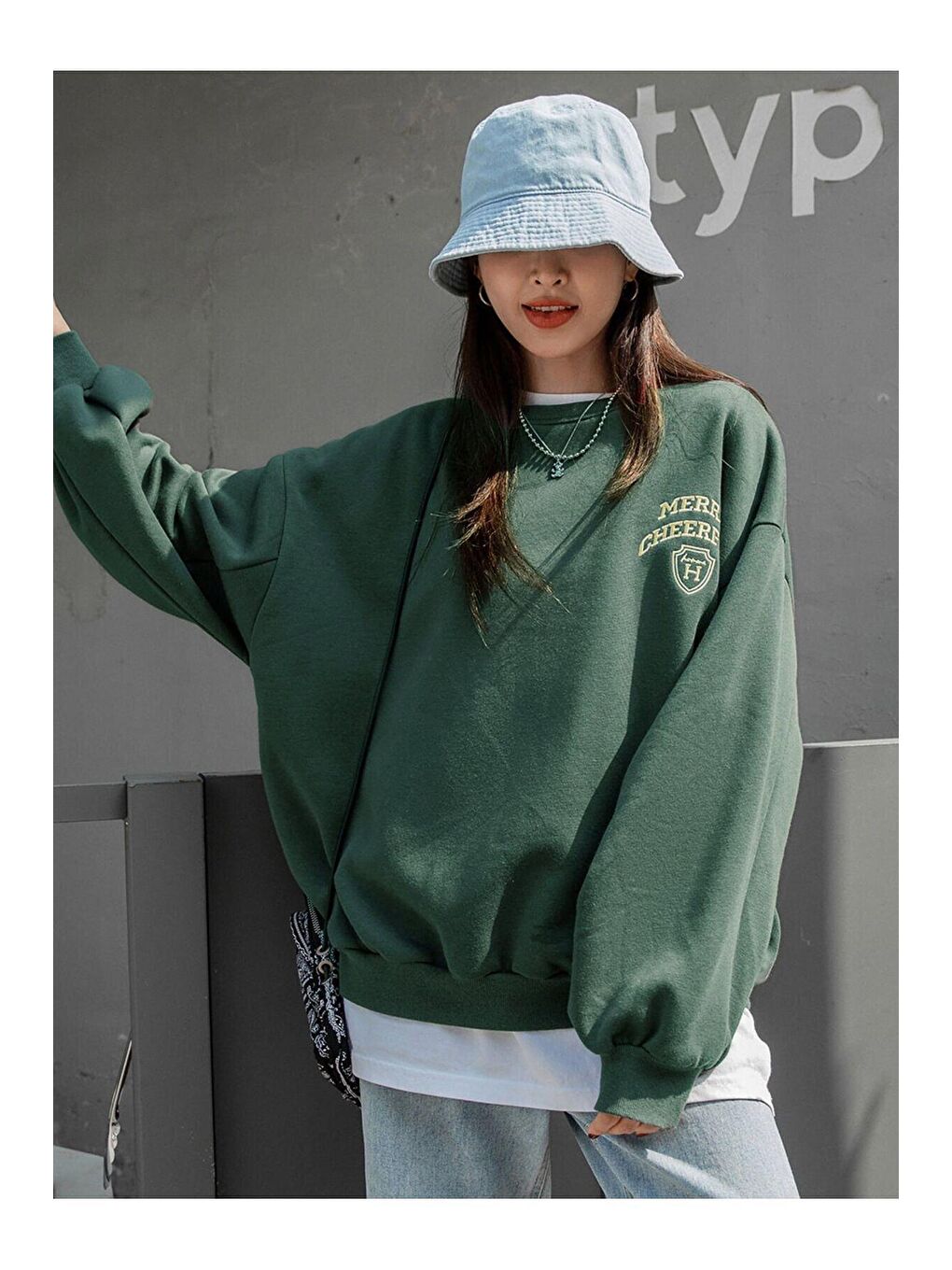 Kadın Yeşil Merry Cheerful Baskılı Oversize Bisiklet Yaka Sweatshirt