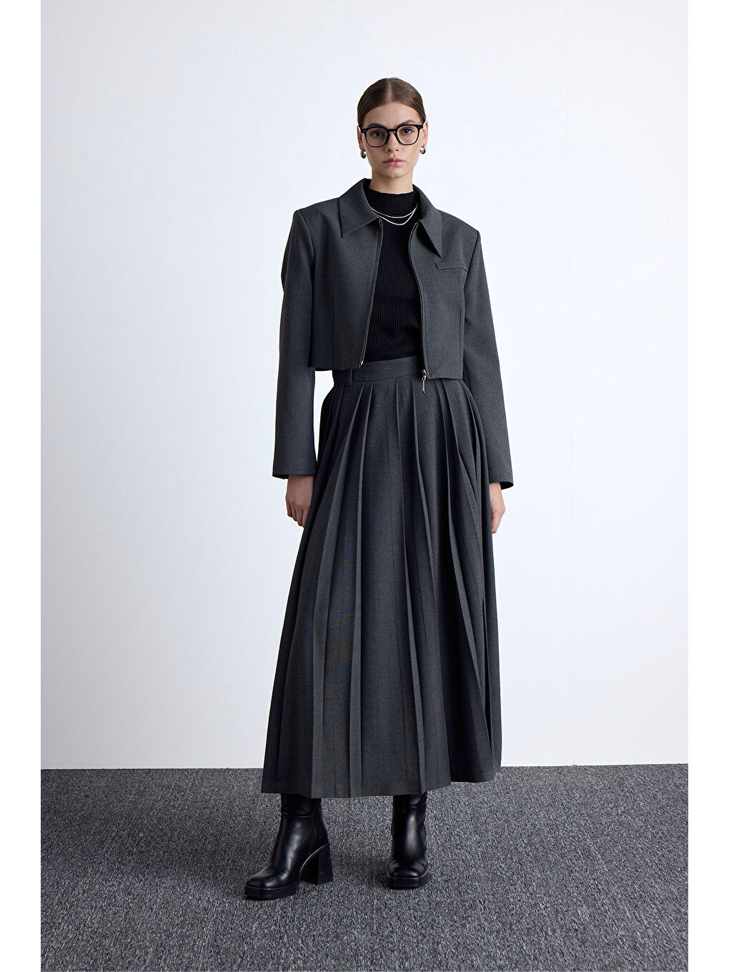 Klasik Kesim Crop Blazer Ceket Antrasit-3