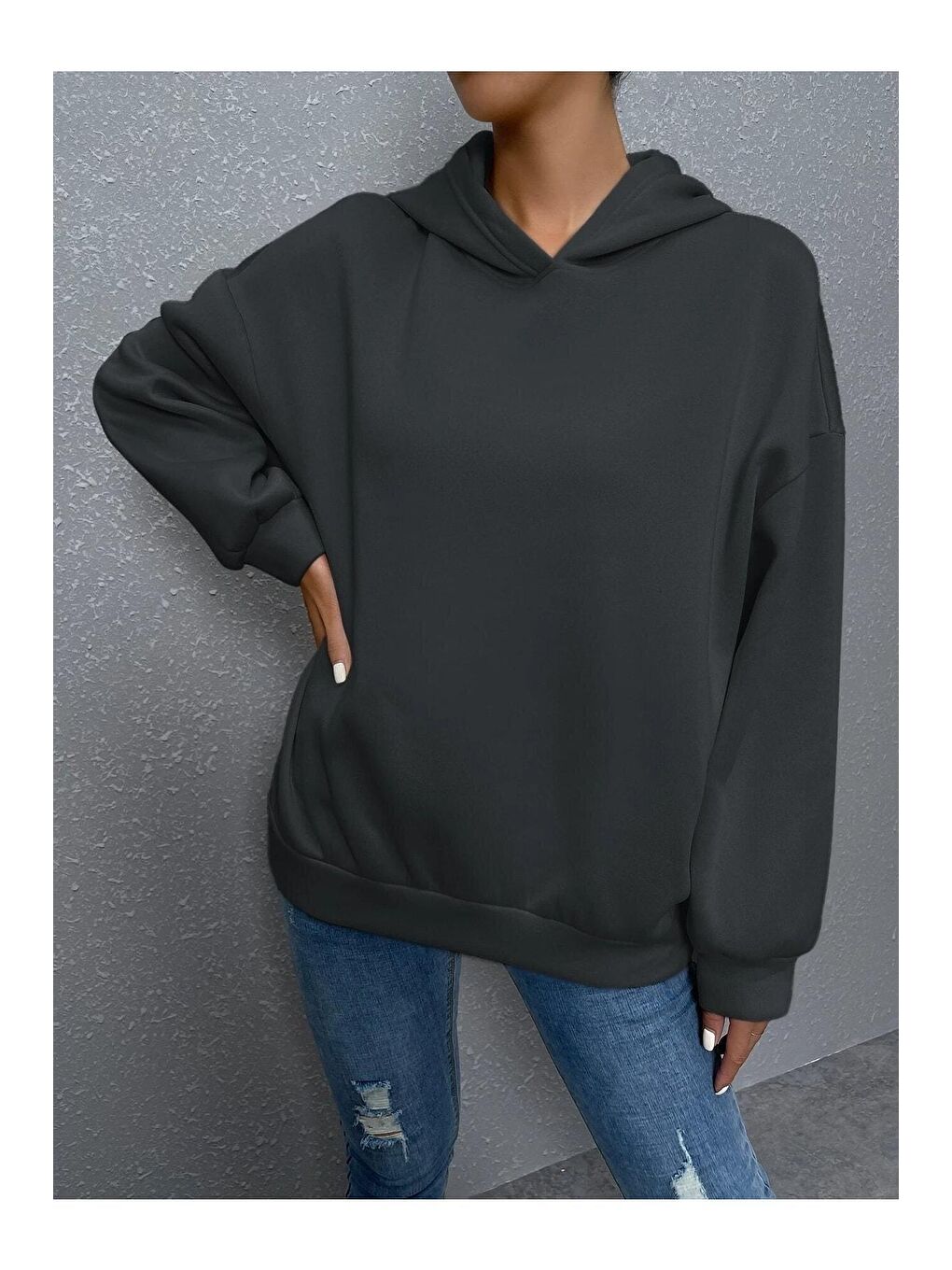 Trendseninle Gri Kadın GRİ Ters Düz Nothing Baskılı Oversize Sweatshirt - 2