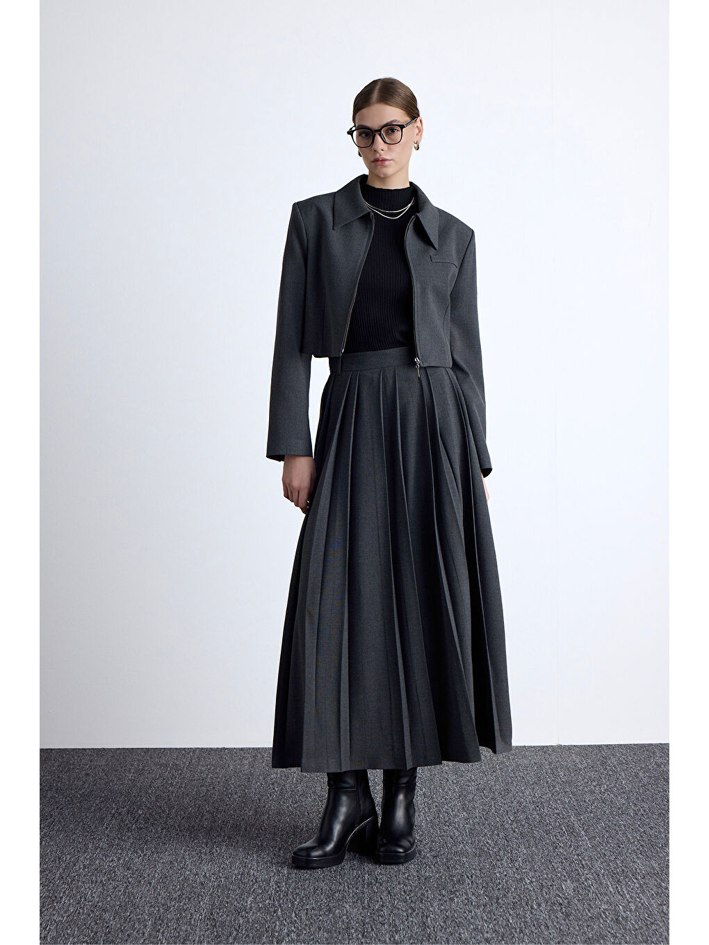 Klasik Kesim Crop Blazer Ceket Antrasit-4