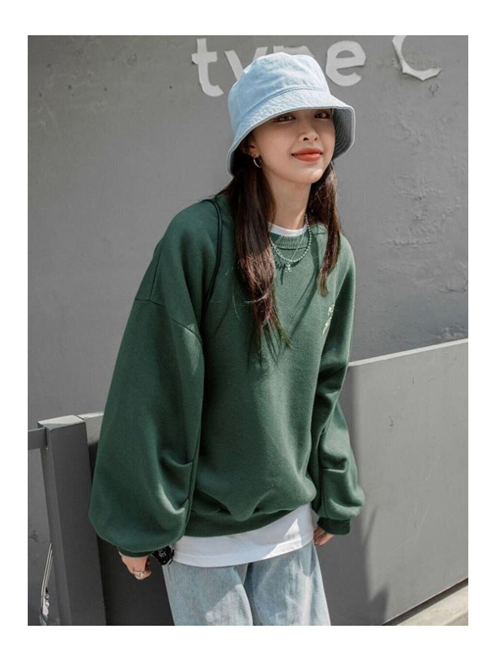 Kadın Yeşil Merry Cheerful Baskılı Oversize Bisiklet Yaka Sweatshirt-1