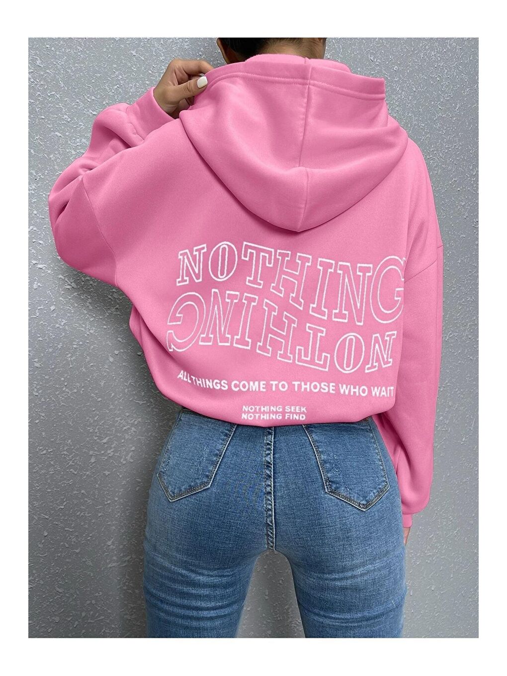 Trendseninle Pembe Kadın PEMBE Ters Düz Nothing Baskılı Oversize Sweatshirt