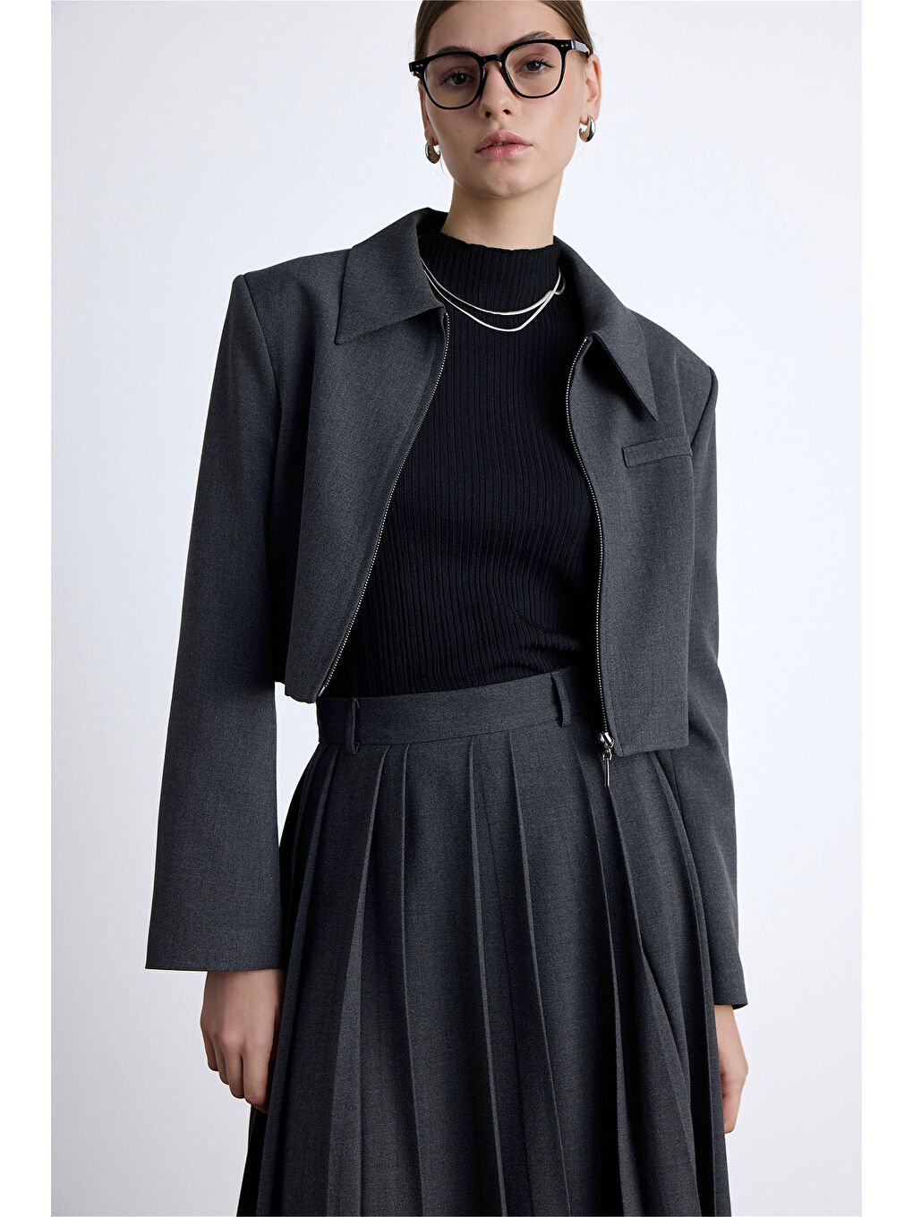 Klasik Kesim Crop Blazer Ceket Antrasit-5